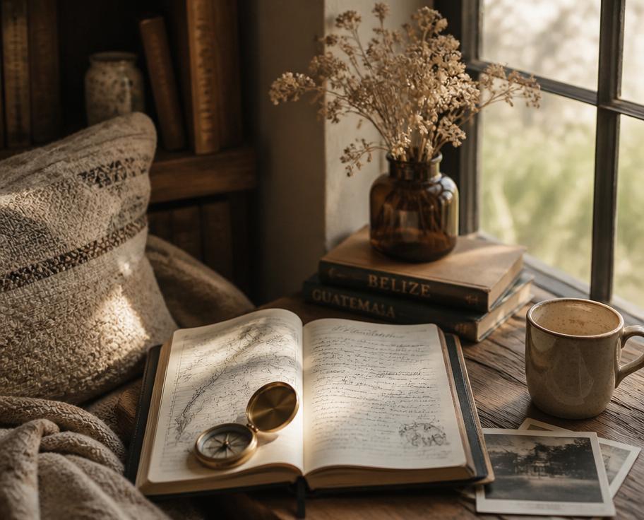 A cozy travel journal, compass, and coffee in warm sunlight
