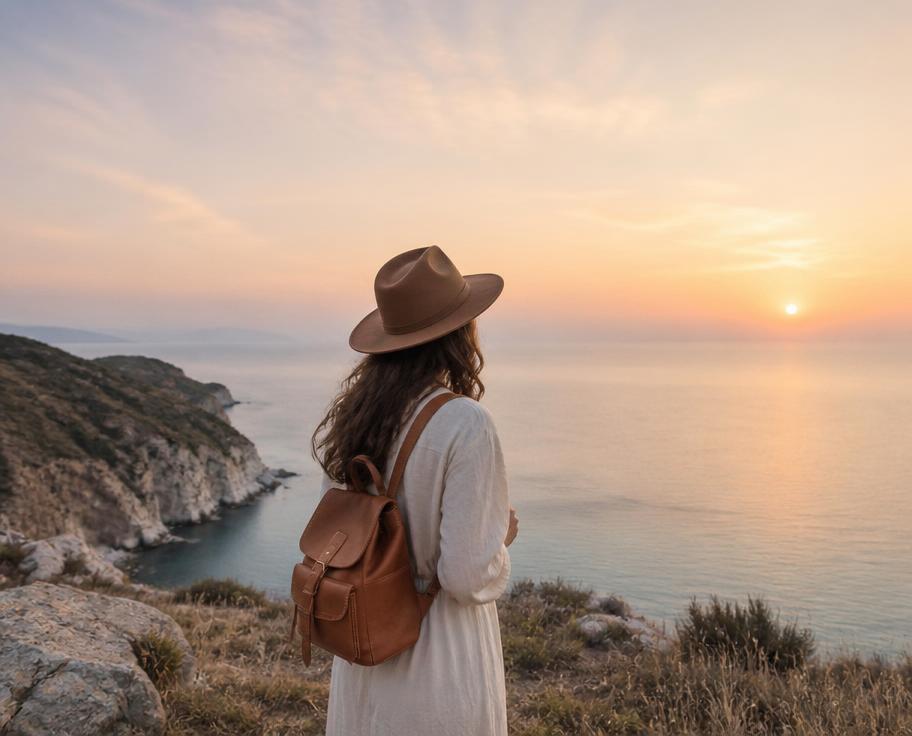 A traveler overlooking a calm coastline at sunrise